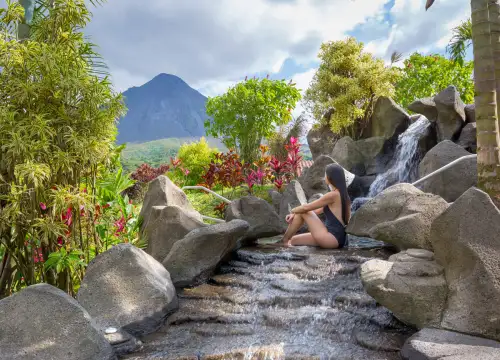 La Fortuna Arenal Kioro Hotel view of Volcano while enjoying springs